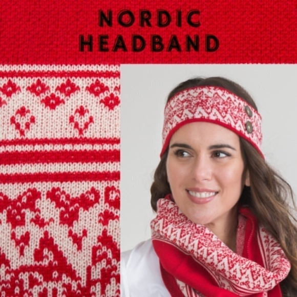 NIB Stylish and Warm Red White Jaquard Knit Acrylic Nordic Pattern Headband - Picture 1 of 2